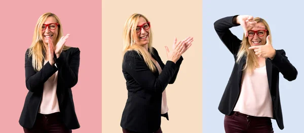 Набор Блондинки Среднего Возраста Бизнес Женщина Черной Куртке Аплодирует После — стоковое фото