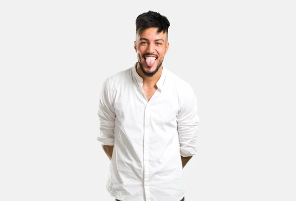 Árabe Jovem Com Camisa Branca Faz Engraçado Louco Emoção Rosto — Fotografia de Stock