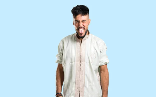 Arabic Young Man Wearing Typical Arab Clothes Showing Tongue Camera — Stock Photo, Image