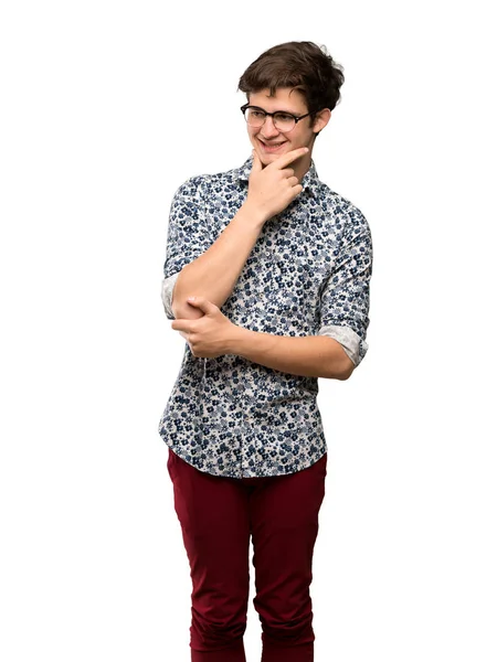 Teenager Man Flower Shirt Glasses Looking Side Isolated White Background — Stock Photo, Image