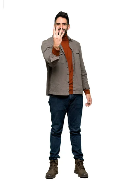 Full Length Shot Handsome Man Beard Happy Counting Four Fingers — Stock Photo, Image