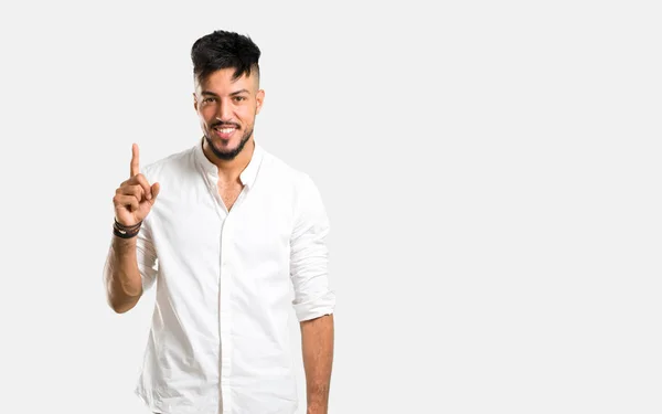 Arabische Jongeman Met Wit Shirt Tellen Nummer Een Teken Grijze — Stockfoto