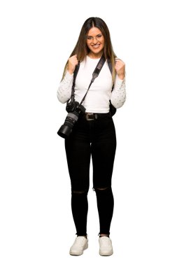 Kazanan konum bir zaferini kutluyor genç fotoğrafçı kadının tam vücut