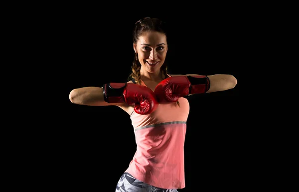 Femme Sportive Sur Fond Sombre Avec Gants Boxe — Photo