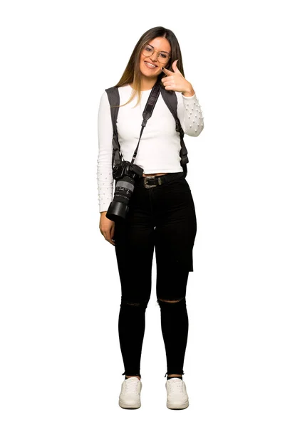 Full Body Young Photographer Woman Points Finger You Confident Expression — Stock Photo, Image