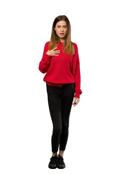 Full Length Shot Young Woman Red Sweater Surprised Shocked While — Stock Photo, Image