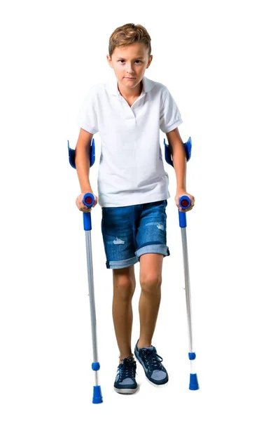 Little Kid Crutches Isolated White Background — Stock Photo, Image