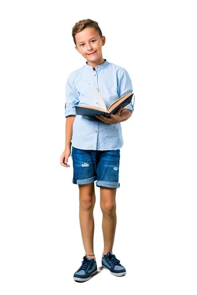 Little Kid Reading Book Isolated White Background — Stock Photo, Image