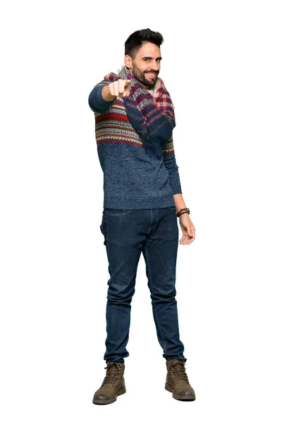 Full Length Shot Hippie Man Points Finger You Confident Expression — Stock Photo, Image
