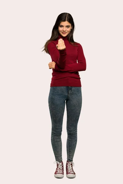 Full Length Shot Teenager Girl Turtleneck Inviting Come Hand Happy — Stock Photo, Image