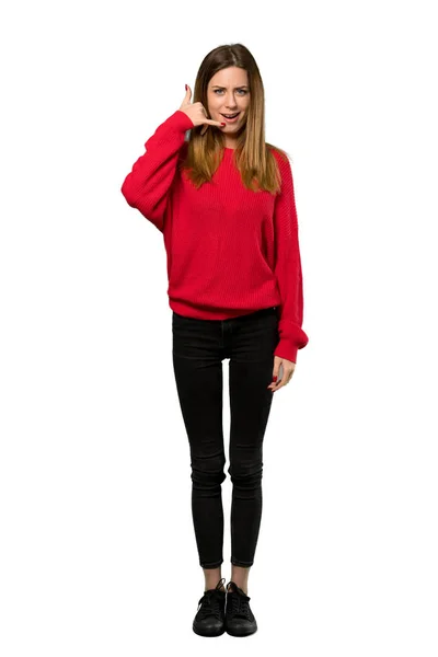 Full Length Shot Young Woman Red Sweater Making Phone Gesture — Stock Photo, Image