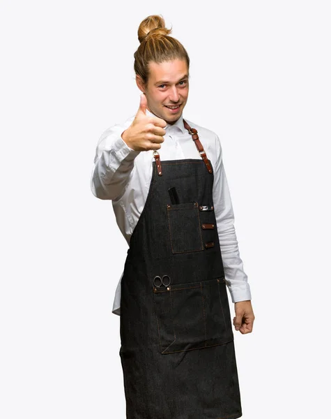 Barber Man Apron Giving Thumbs Gesture Because Something Good Has — Stock Photo, Image