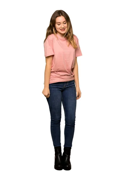 Full Length Shot Teenager Girl Pink Sweater Thinking Idea While — Stock Photo, Image