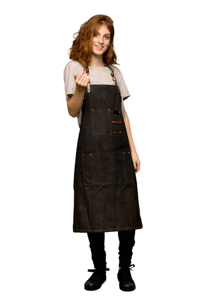 Full Length Shot Young Redhead Woman Apron Inviting Come Hand — Stock Photo, Image