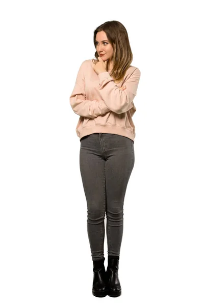 Full Length Shot Teenager Girl Pink Sweater Looking Side Isolated — Stock Photo, Image