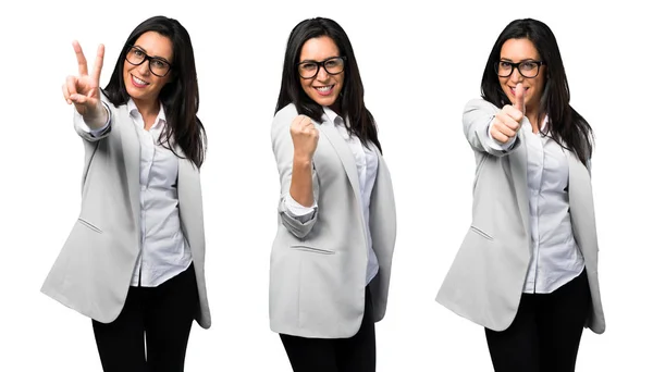 Collage Lycklig Vacker Kvinna Med Glasögon — Stockfoto