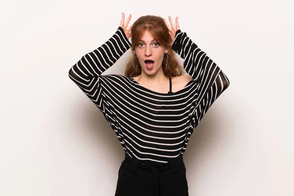 Young Redhead Woman White Wall Surprise Shocked Facial Expression — Stock Photo, Image