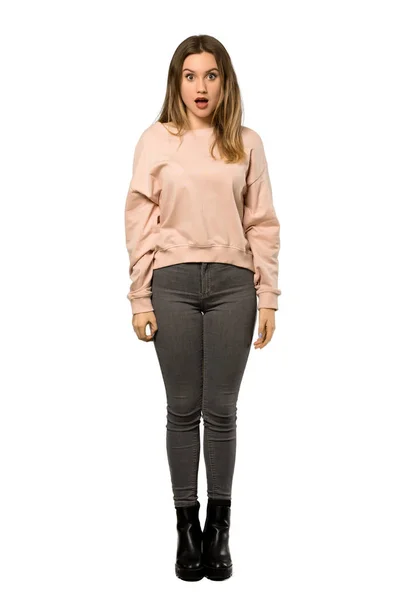 Full Length Shot Teenager Girl Pink Sweater Surprise Facial Expression — Stock Photo, Image
