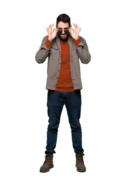 Full Length Shot Handsome Man Beard Glasses Surprised Isolated White — Stock Photo, Image