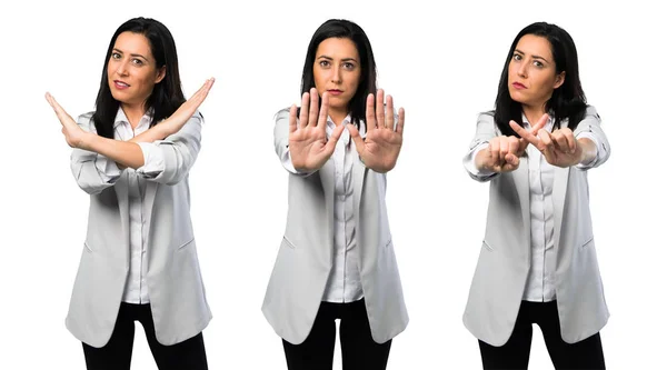 Collage Van Mooie Vrouw Maakt Stopbord — Stockfoto