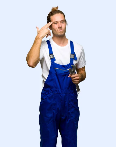 Workman Problems Making Suicide Gesture Isolated Background — Stock Photo, Image