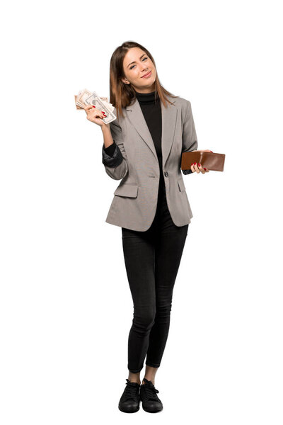 A full-length shot of a Business woman holding a wallet over isolated white background