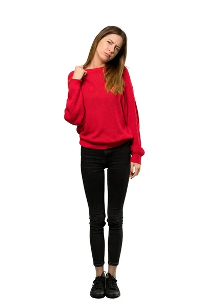 Full Length Shot Young Woman Red Sweater Tired Sick Expression — Stock Photo, Image