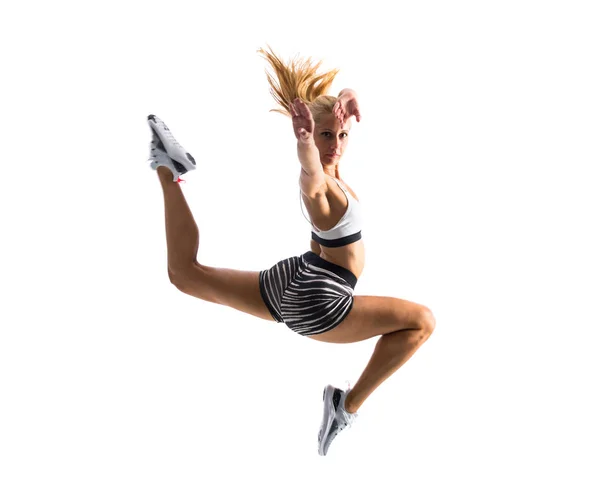 Giovane Ballerina Saltando Isolato Bianco — Foto Stock