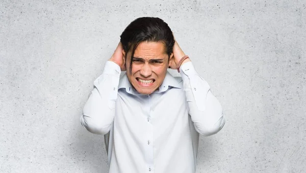 Handsome Man Takes Hands Head Because Has Migraine Textured Wall — Stock Photo, Image