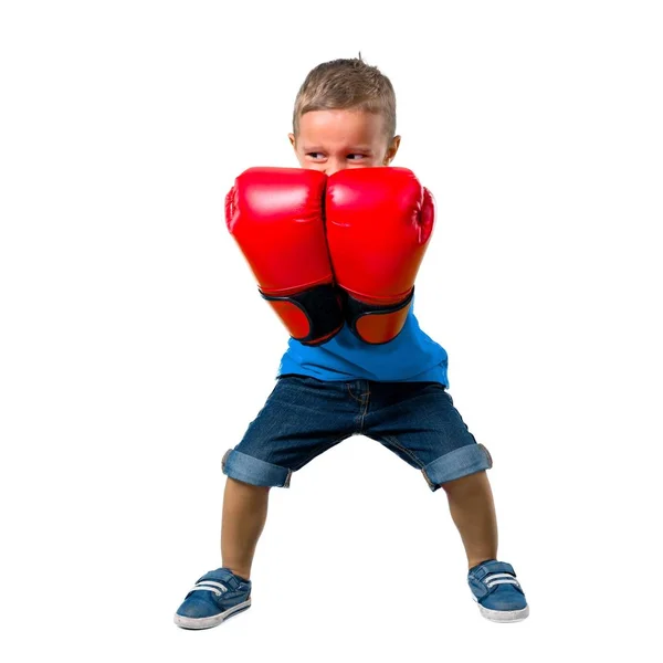 Criança Com Luvas Boxe Fundo Branco Isolado — Fotografia de Stock