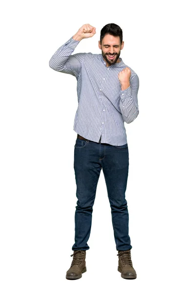 Foto Completa Hombre Elegante Con Camisa Celebrando Una Victoria Sobre — Foto de Stock