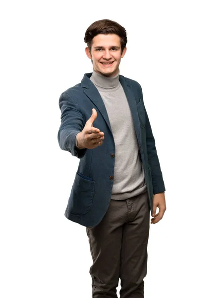 Teenager Man Turtleneck Shaking Hands Closing Good Deal Isolated White — Stock Photo, Image
