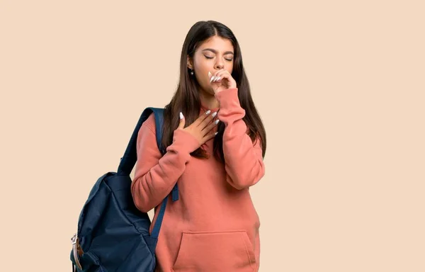 Menina Adolescente Com Camisola Mochila Está Sofrendo Com Tosse Sentindo — Fotografia de Stock