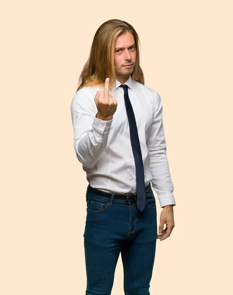 Blond Businessman Long Hair Making Horn Gesture Isolated Background — Stock Photo, Image