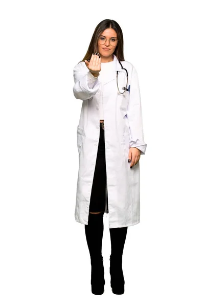 Full Body Young Doctor Woman Inviting Come Hand Happy You — Stock Photo, Image