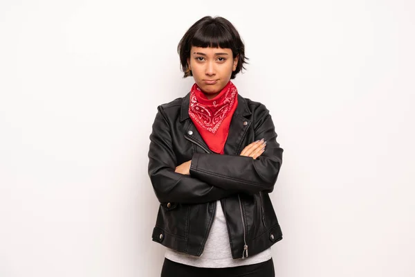 Woman Leather Jacket Handkerchief Sad Depressed Expression — Stock Photo, Image