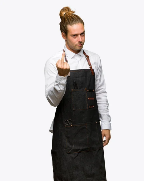 Barber Man Apron Making Horn Gesture Isolated Background — Stock Photo, Image