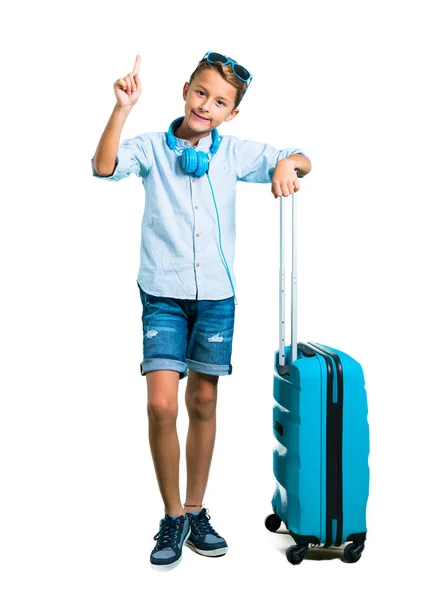 Corps Complet Kid Avec Lunettes Soleil Écouteurs Voyageant Avec Valise — Photo