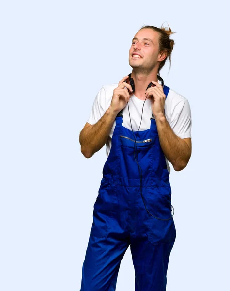 Workman Met Koptelefoon Geïsoleerde Achtergrond — Stockfoto