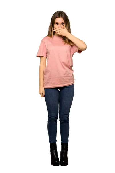 Eine Ganzkörperaufnahme Eines Teenager Mädchens Mit Rosa Pullover Nimmt Die — Stockfoto