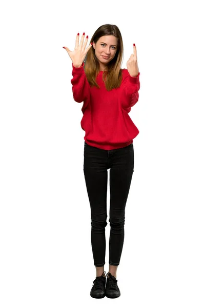 Full Length Shot Young Woman Red Sweater Counting Six Fingers — Stock Photo, Image