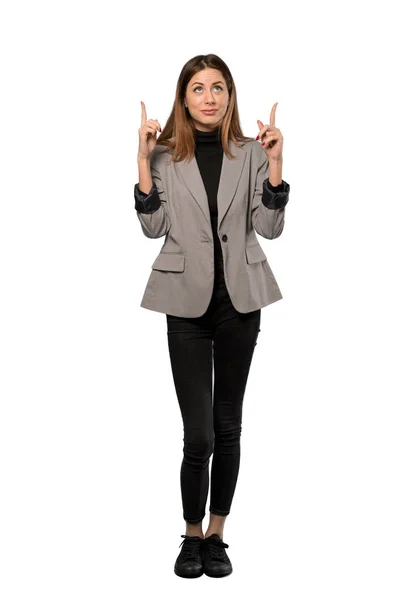 Full Length Shot Business Woman Pointing Surprised Isolated White Background — Stock Photo, Image