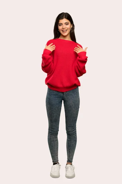 Full Length Shot Teenager Girl Red Sweater Surprise Facial Expression — Stock Photo, Image