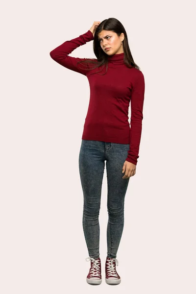 Full Length Shot Teenager Girl Turtleneck Having Doubts While Scratching — Stock Photo, Image