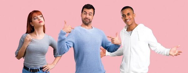 Group of three friends proud and self-satisfied in love yourself concept