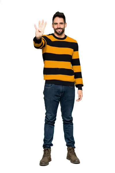 Full Length Shot Handsome Man Striped Sweater Happy Counting Four — Stock Photo, Image