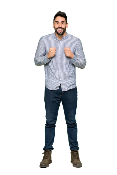 Tiro Completo Homem Elegante Com Camisa Celebrando Uma Vitória Posição — Fotografia de Stock