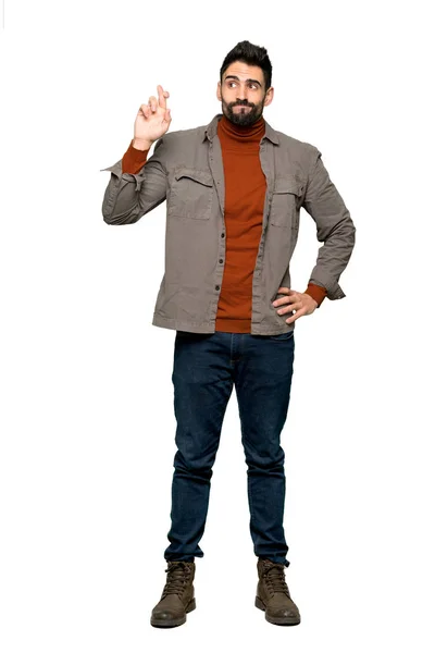 Full Length Shot Handsome Man Beard Fingers Crossing Wishing Best — Stock Photo, Image