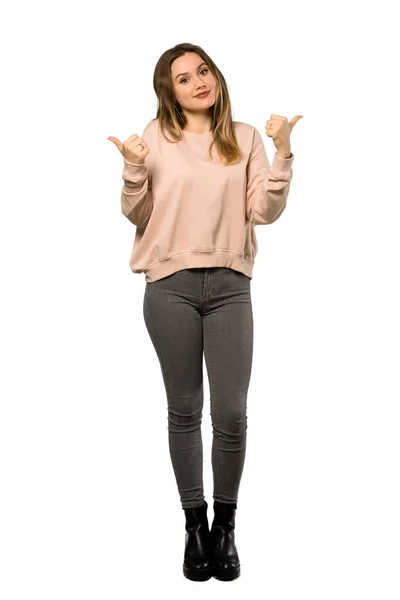 Full Length Shot Teenager Girl Pink Sweater Giving Thumbs Gesture — Stock Photo, Image