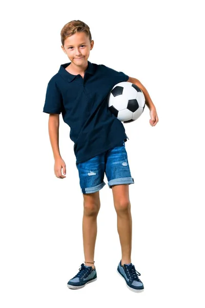 Garotinho Jogando Futebol Fundo Branco Isolado — Fotografia de Stock